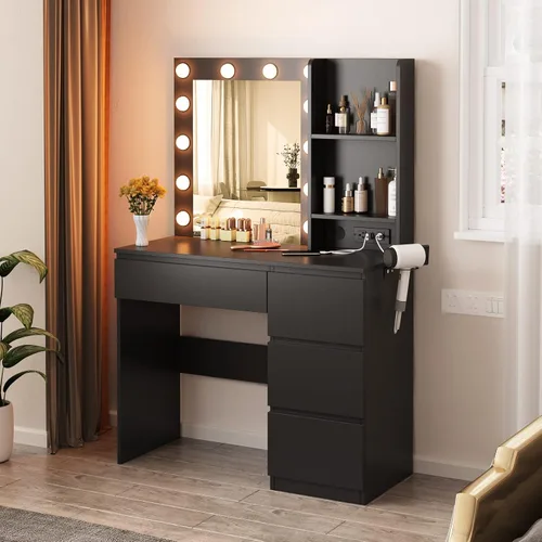 Vista 10 de Vabches Tocador de maquillaje con luces, escritorio de tocador de 37 pulgadas con tira de corriente, mesa de maquillaje de 4 cajones con espejo