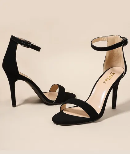 Vista 6 de ElElax - Tacones negros y blancos para mujer, 4 pulgadas, tacones de aguja con correa al tobillo, sandalias de tacón para fiesta de boda elegante