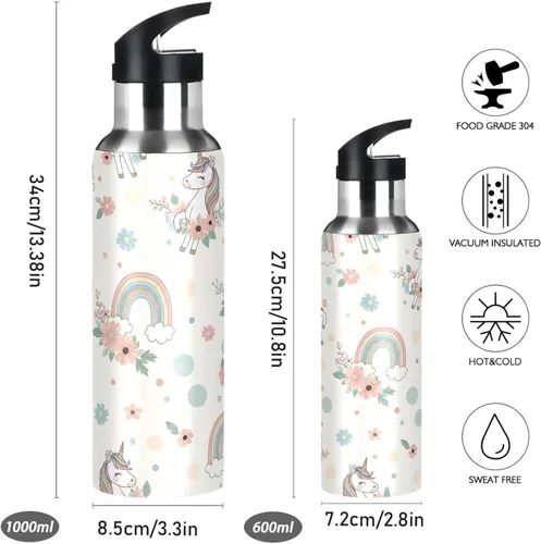 Vista 2 de Stainless Steel Water Bottle 32 Oz, Leakproof Water Bottles for Gym Outdoor Travel School, Unicorns Rainbow Manes Tails