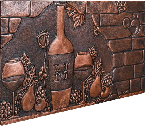 Vista 2 de Protector contra salpicaduras de cocina, botella de vino y vidrio, diseño de uvas y peras), panel de cobre personalizado, azulejos de cobre hechos a
