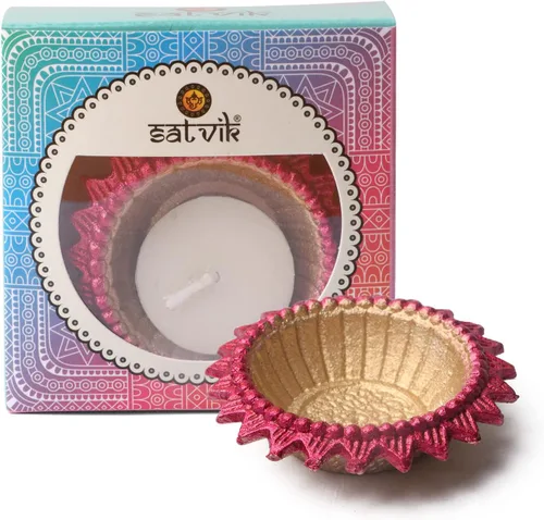 Vista 4 de SATVIK 2 piezas Multicolor Surya Metal Diya Floral Lotus Flower Shape Tea Light Holder Lámpara de aceite Navidad Interior Hogar Mandir Pujan Pooja