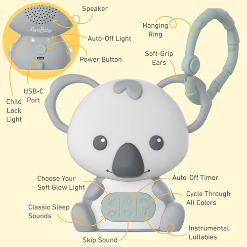 Vista 4 de Pure Enrichment PureBaby - Máquina de sonido de koala colgante, ayuda portátil para dormir, luz nocturna y anillo colgante desmontable, ruido