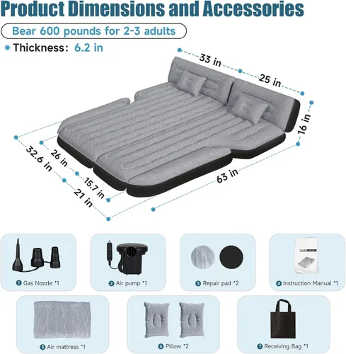 Vista 2 de Inflatable SUV Air Mattress for Mid & Full Size SUVs Double-Sided Flocking Car Bed for Rear Seats Folded Camping Travel Sleeping Airbed with Air