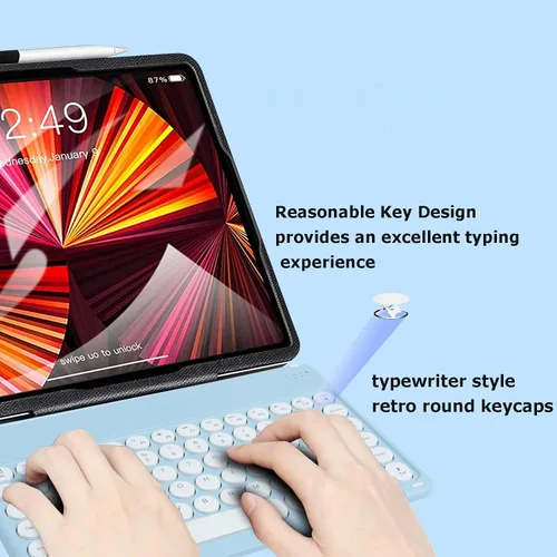 Vista 6 de Combo de teclado y mouse inalámbricos Bluetooth portátil, mini máquina de escribir compacta y delgada, ergonómica, teclado Bluetooth, mouse para Azul