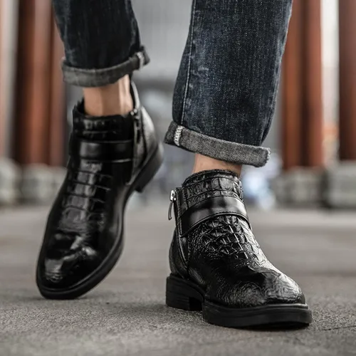 Vista 6 de Botas de cuero genuino con estampado para hombre, para otoño e invierno, de alta altura, con correa estilo Bukle