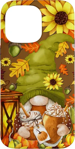 Vista 21 de iPhone 13 Pro Max Lindo gnomo de especias de calabaza con árbol de otoño hojas de otoño
