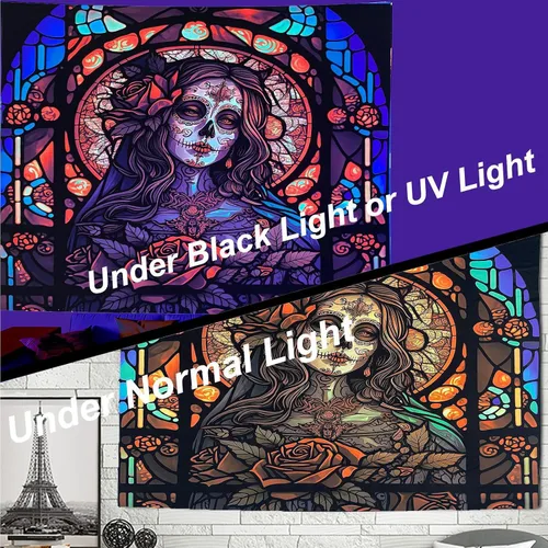 Vista 5 de RILACON Tapiz reactivo con luz negra del Día de los Muertos, tapiz para colgar en la pared, diseño de calavera de rosa y azúcar, póster de esqueleto