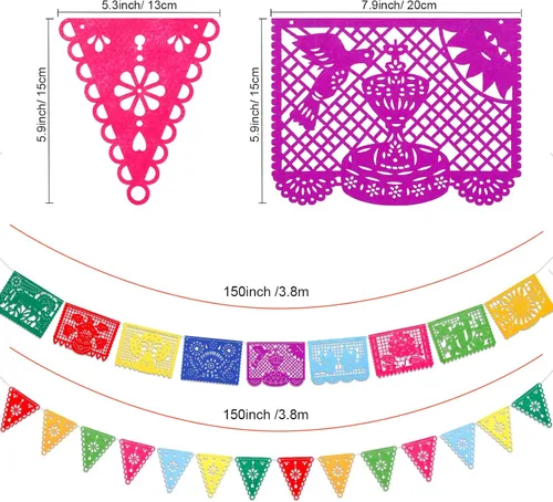 Vista 2 de Qpout Paquete de 4 carteles de decoración de fiesta mexicana, guirnalda de fieltro del día de los muertos, colorido cartel mexicano para fiesta
