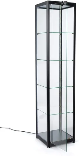 Vista 2 de Displays2go Torre de vidrio templado multinivel con iluminación - Negro (DCKDMT16B)