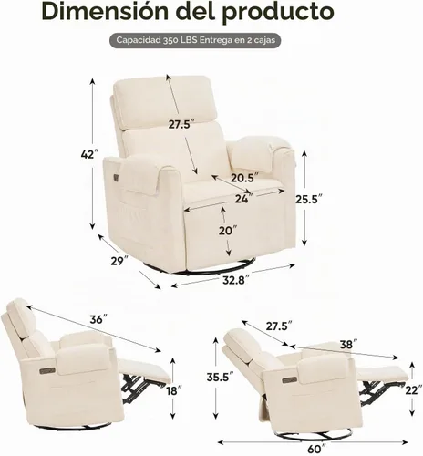 Vista 2 de Silla reclinable eléctrica extragrande, sillón basculante giratorio de 26" extra ancho con reposacabezas ajustable, silla mecedora de chenilla