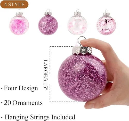 Vista 2 de Adornos de bolas de Navidad inastillables de plástico transparente con relleno delicado de 3.150 in (20 unidades, color rosa)