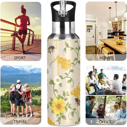 Vista 5 de Yellow White Flowers Insulated Water Bottle 32 Oz, BPA-Free Sports Water Bottle Leakproof Water Bottles