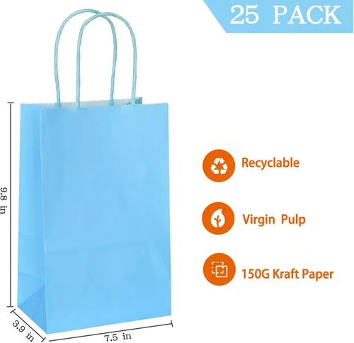 Vista 9 de AZOWA Bolsas de regalo mini de papel kraft con asas (Azul claro, 4x2.4x6, 25 piezas) Blue Color, Kraft Paper, Mini Size, 25 Pieces, Party Bags