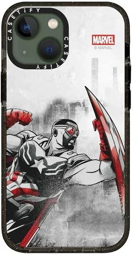 Vista 6 de CASETiFY Impact - Funda para iPhone 13 Mini [Marvel Colab / protección contra caídas de 8.2 pies/Magsafe] - Capitán América VS - Negro transparente