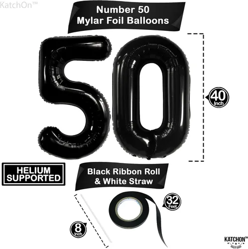 Vista 4 de KatchOn - Globo negro grande del número 50, 40 pulgadas, decoraciones de cumpleaños 50 negro sobre la colina para hombres y mujeres, decoraciones