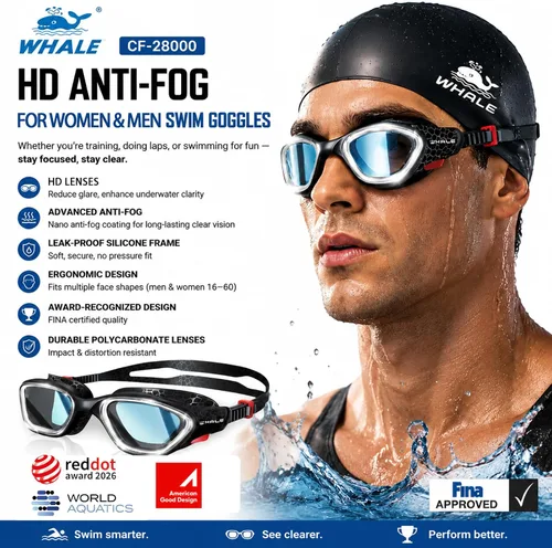 Vista 2 de Whale Gafas de natación, gafas antivaho HD, unisex, 100% protección UV, diseño antivaho transparente visión submarina de gran angular Negro