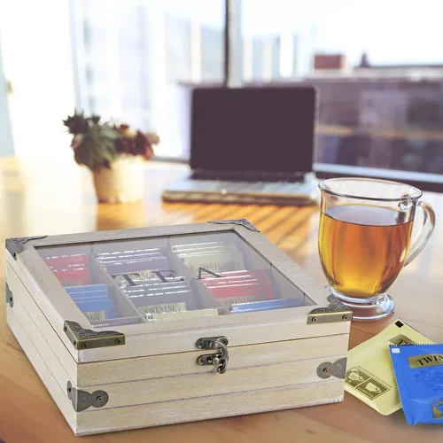 Vista 6 de Organizador de caja de té de madera MOLIGOU, cofre de almacenamiento de té con tapa de vidrio, 9 compartimentos, soporte para bolsas de té