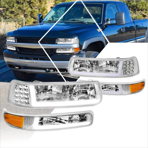 Vista 6 de PM PERFORMOTOR Faros delanteros de proyector de luz LED en forma de L de esquina ámbar de carcasa cromada compatibles con Silverado 99-02