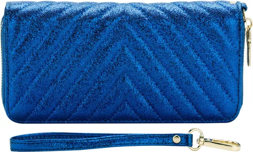 Vista 2 de B BRENTANO Cartera de cuero vegano con doble cremallera y bolsillo con correa de mano con agarre, azul Glitter