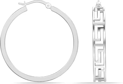 Vista 6 de LeCalla Aretes de aro de plata de ley 925 con llave griega, ligeros, con parte superior de clic, patrón de corte de pared griega para mujer Pared
