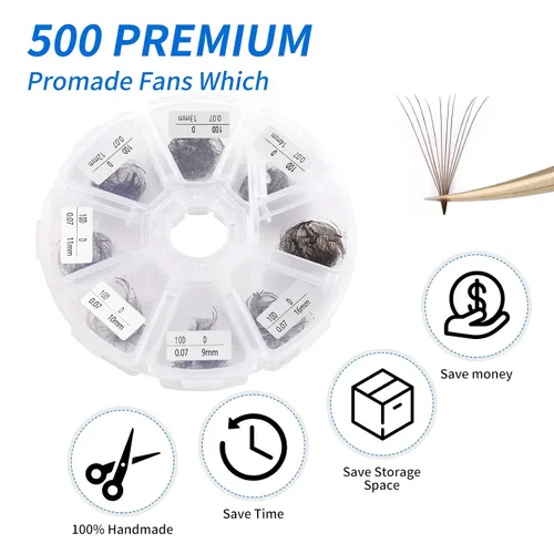 Vista 48 de Extensiones de pestañas de 1200 fans, prefabricadas, con volumen, 9-20mm, bandeja mixta, 20D, con punta en C, base puntiaguda, extensiones