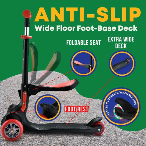 Vista 4 de Scooter de 3 ruedas para niños con asiento plegable, altura ajustable del manubrio, juguete de paseo inclinado para conducir para niños a partir
