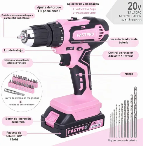 Vista 8 de FASTPRO Juego de herramientas para el hogar y taladro de iones de litio inalámbrico de 177 piezas de 20 V rosa con taladro en estuche
