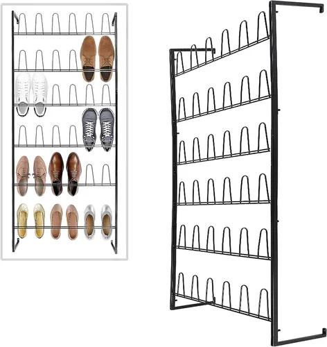 Vista 8 de MyGift Soporte organizador de almacenamiento de zapatos de entrada de metal negro de 18 pares y estante de zapatos de 36 ganchos montado en la pared