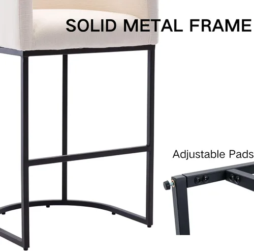 Vista 5 de Taburete de bar de lino de 32 pulgadas, taburete moderno de altura de barril con brazo, silla de mostrador tapizada, marco de metal negro para isla