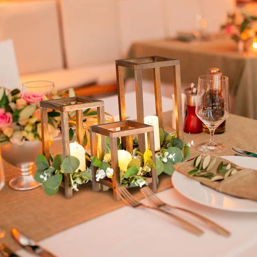 Vista 6 de Soaoo 24 faroles de madera para velas de boda, centro de mesa a granel para mesa, portavelas de madera rústica, farol de granja para bodas, fiestas