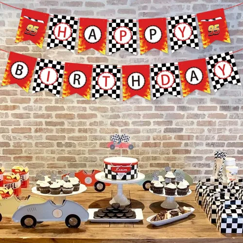 Vista 6 de Cartel de cumpleaños de coche de carreras, suministros para fiestas temáticas de bandera a cuadros Rojo