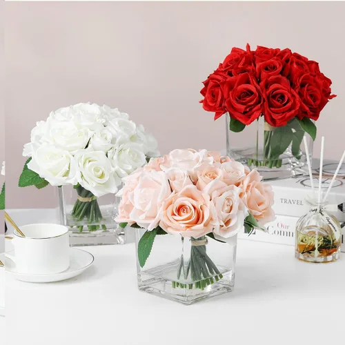 Vista 7 de 18 cabezas de rosas de imitación en jarrón, arreglo floral de rosas de Aritificail con jarrón para mesa de comedor, dormitorio, decoración de boda
