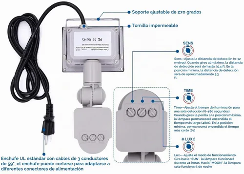 Vista 4 de Luces de inundación con sensor de movimiento al aire libre, lámpara LED de inducción de 10 W, foco impermeable IP65, 6500 K luz de sensor LED, luz