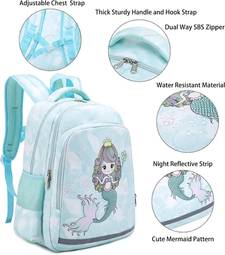 Vista 5 de YCBB Juego de mochilas escolares para niñas, azul, (Blue Mermaid), Mochila, compatible, viaje