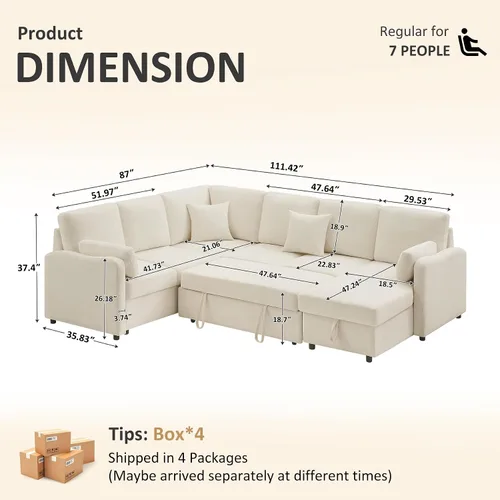 Vista 3 de Sofá Seccional Cama de 111 pulgadas con Cama Extraíble, Sofá Modular de 6 Asientos en Forma de U con Chaise de Almacenamiento, Sofá Seccional