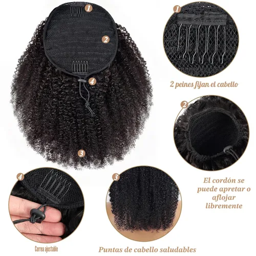 Vista 5 de Cola de caballo de cabello humano afro para mujeres negras, con cordón, 150 % de densidad, cabello virgen rizado 10A, extensiones de cabello 4C