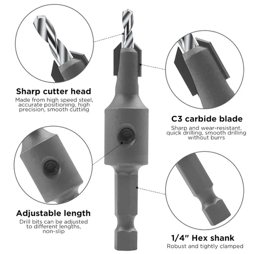 Vista 2 de Juego de 3 brocas avellanadas con vástago hexagonal de 1/4 pulgadas con tope de profundidad ajustable para madera, escariador de carpintería