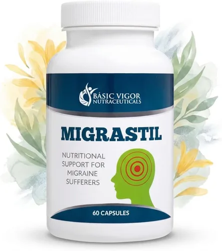 Basic Vigor Migrastil Migraine Support Capsules. Feverfew, magnesio, taurina y vitamina B1 para migrañas. Suplemento natural. Fabricado en los