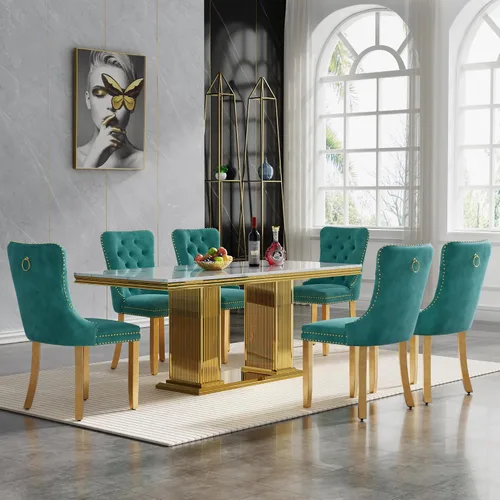 Vista 56 de Juego de mesa de comedor de 5 piezas para 4, mesa de cocina de mármol negro de 68 pulgadas con 4 sillas beige, mesa de comedor rectangular moderna