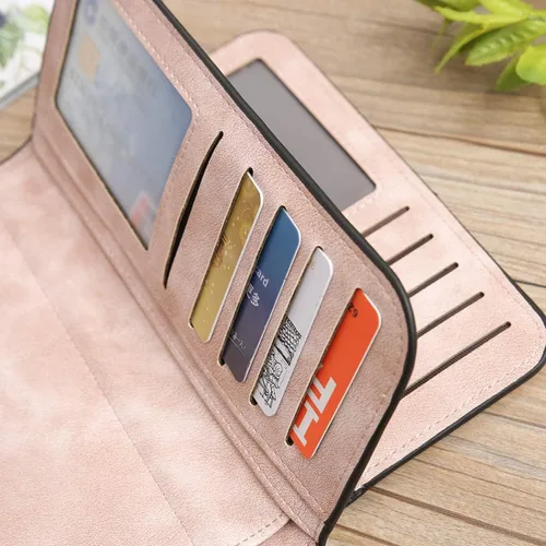 Vista 3 de KELEEL Cartera de cuero para mujer, monedero de embrague para tarjetas de crédito, soporte para monedas, plegable, Rosado, Classic