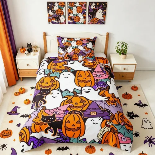 Vista 45 de Erosebridal Halloween Castle Pumpkin Duvet Cover Set Spooky Floral Cartoon Twin Bedding Sets for Girls Kids Boys Vintage Spooky Comforter Cover