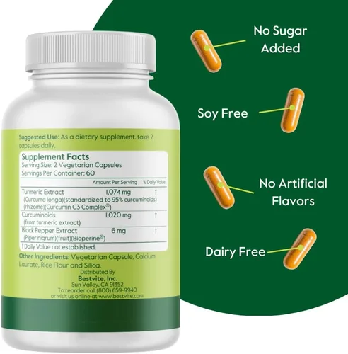 Vista 3 de BESTVITE Curcumina de 510 mg (cúrcuma) (120 cápsulas vegetarianas) con complejo de curcumina C3 y bioperina - estandarizado al 95% de curcuminoides