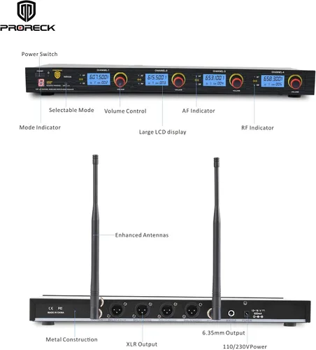 Vista 3 de PRORECK MX44 Sistema de micrófono inalámbrico UHF de 4 canales con 4 micrófonos de mano Máquina de karaoke