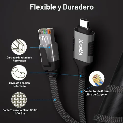 Vista 4 de Cable USB C a Ethernet plano de 4 pies, cable RJ45 a USB tipo C, conectado directamente, red LAN Gigabit, OFC, para MacBook Pro, iPad Pro, iPhone