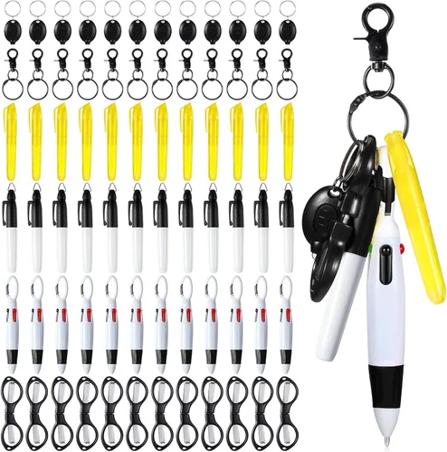 Vista 9 de Glenmal Juego de 72 mini rotuladores para enfermeras con mini tijeras, resaltador, bolígrafo de neón retráctil, llavero, clip, linterna, llavero