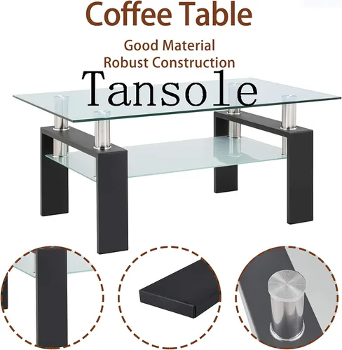 Vista 4 de Mesa de centro rectangular de vidrio de 39.4 pulgadas, mesa de centro negra con vidrio templado y patas de metal, mesa central moderna de 2 niveles