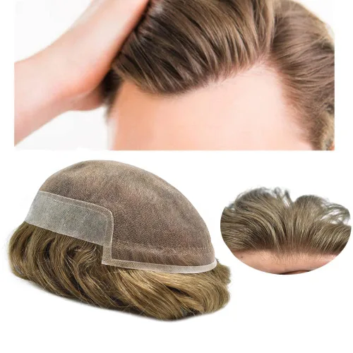 Vista 28 de Tupé de encaje suizo para hombres, piezas de cabello humano real, encaje frontal, sistema de reemplazo de cabello tipo tupé, nudo blanqueado, línea