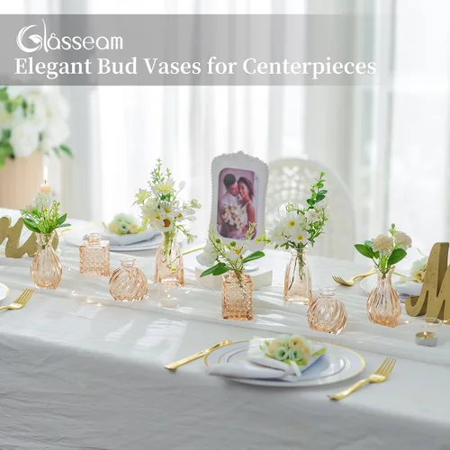 Vista 4 de Glasseam Jarrones de cristal para centros de mesa: pequeño jarrón de flores, juego de 4 mini jarrones vintage para flores, jarrón de centro de mesa
