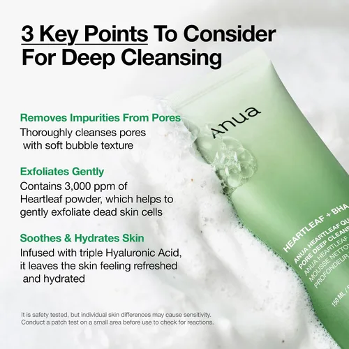 Vista 3 de Anua Heartleaf - Espuma limpiadora profunda de poros de quercetinol, lavado facial para limpiador de refinación de poros, limpiador facial diario