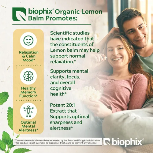 Vista 2 de biophix Cápsulas de bálsamo de limón orgánico de 300 mg USDA orgánico, extracto 20:1, apoya la relajación, calma el estado de ánimo, la memoria
